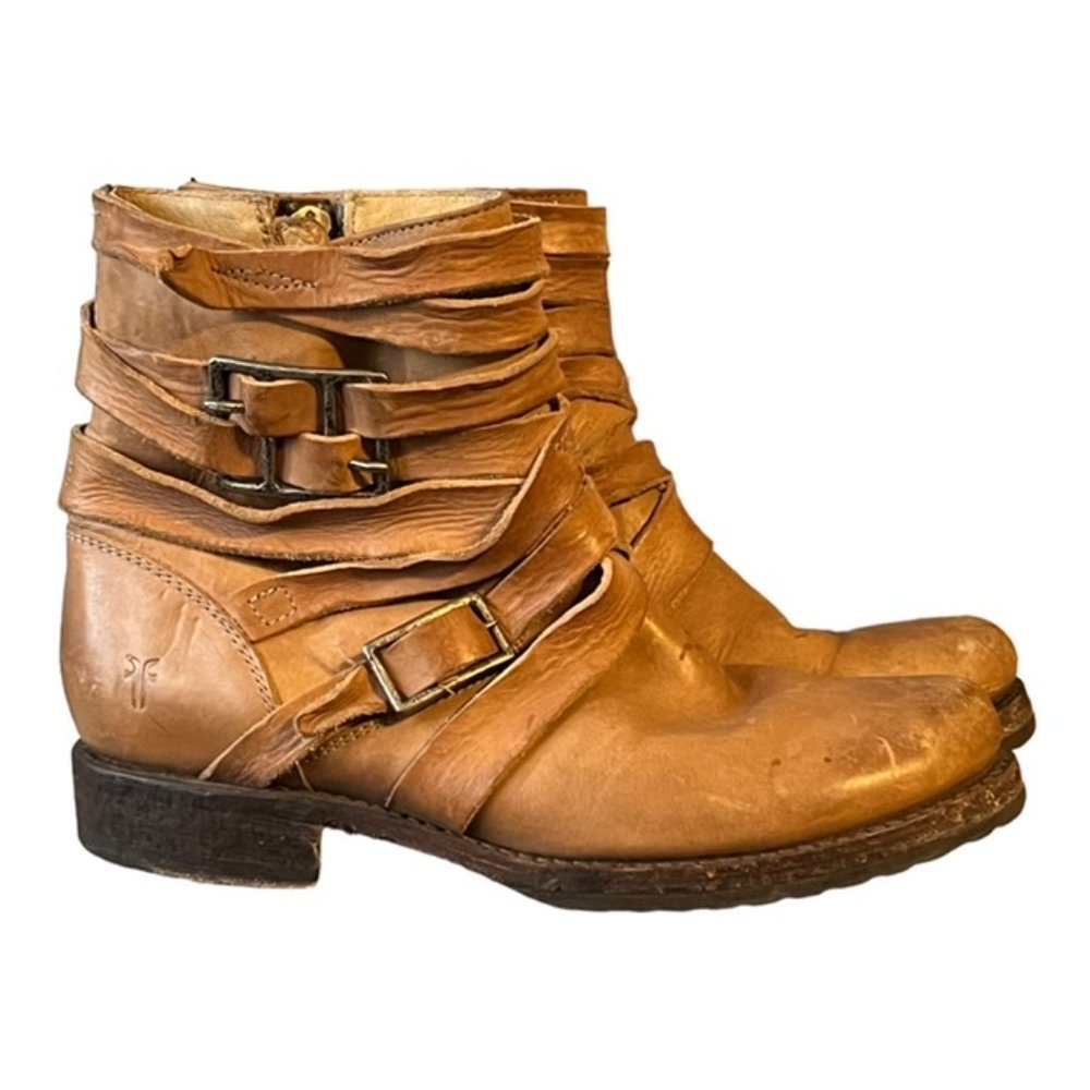 Frye Boots Women's 7.5 Leather Ankle Buckle Bootie Tan Western Festival